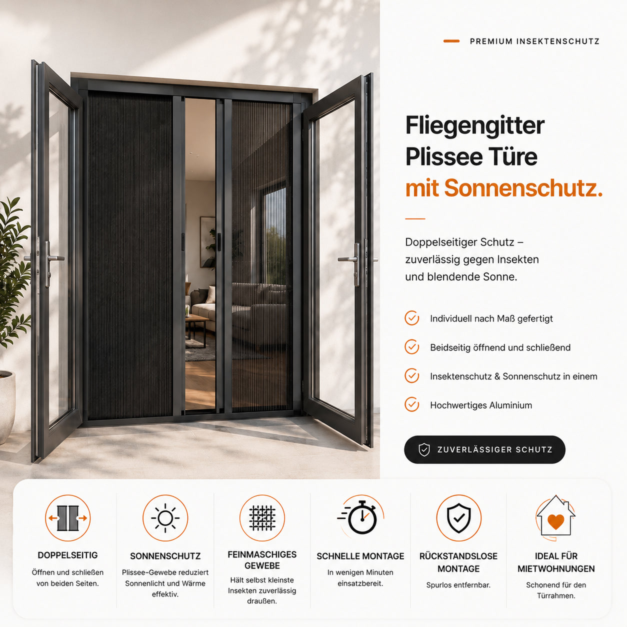 Fliegengitter Plissee Türe mit Sonnenschutz