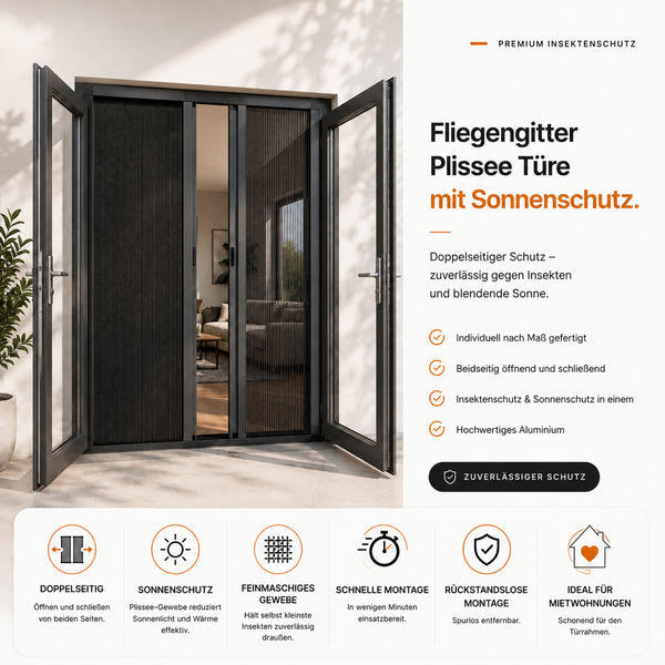 Fliegengitter Plissee Türe mit Sonnenschutz